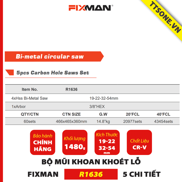 Bộ Mũi Khoan Khoét Lỗ 5 Chi Tiết FIXMAN R1636 - Chính hãng