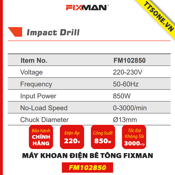 Máy Khoan Điện Cầm Tay FIXMAN FM102850 thêm 3 phụ kiện - Chính hãng