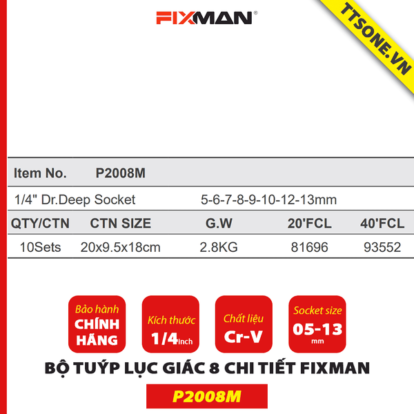 Bộ Tuýp Lục Giác 8 Chi Tiết Fixman P2008M - Chính Hãng