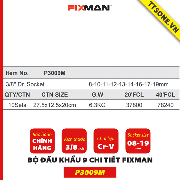 Bộ Đầu Khẩu 9 Chi Tiết Fixman P3009M - Chính Hãng