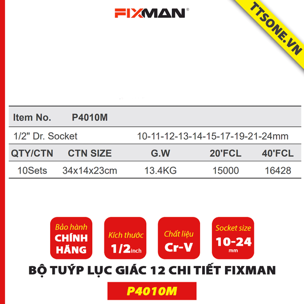 Bộ Tuýp Lục Giác 10 Chi Tiết Fixman P4010M - Chính Hãng