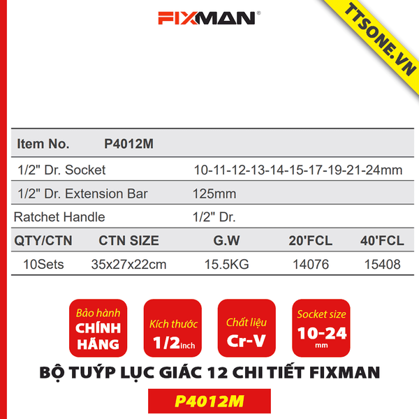 Bộ Tuýp Lục Giác 12 Chi Tiết FIXMAN P4012M - Chính Hãng