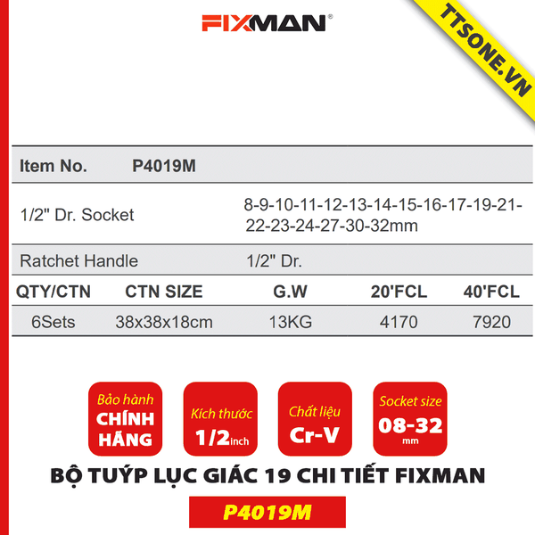 Bộ Tuýp Lục Giác 19 Chi Tiết FIXMAN P4019M - Chính Hãng