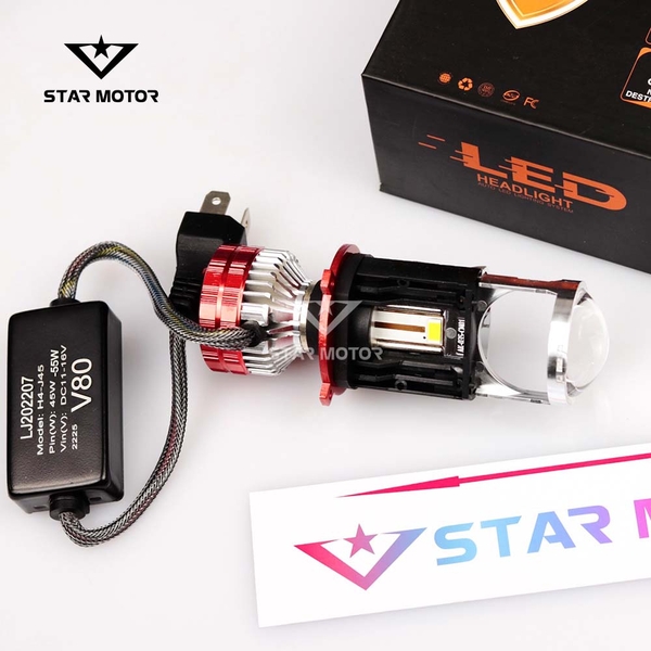 Pha LED bi cầu V80 chân H4 có quạt tản nhiệt gắn ô tô- xe máy