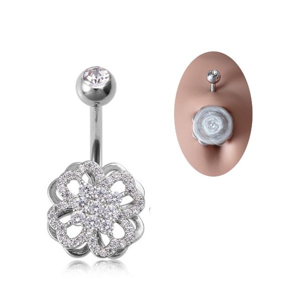 Khuyên rốn hình bông hoa đính đá - 1.6*10mm - Thép không gỉ