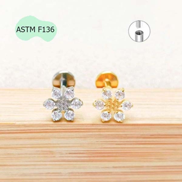 Khuyên Titanium hình bông tuyết đính đá - 1.2*8mm - 2 màu