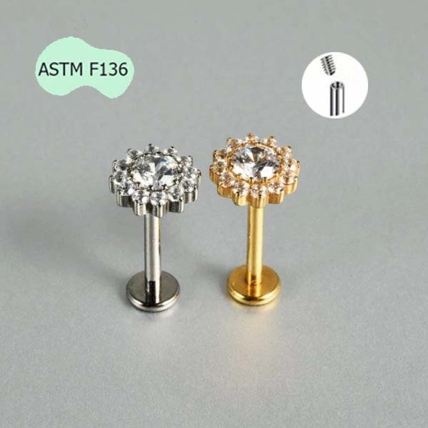 Khuyên tai Titan hình bông hoa đính đá - 2 màu - 1.2*8mm