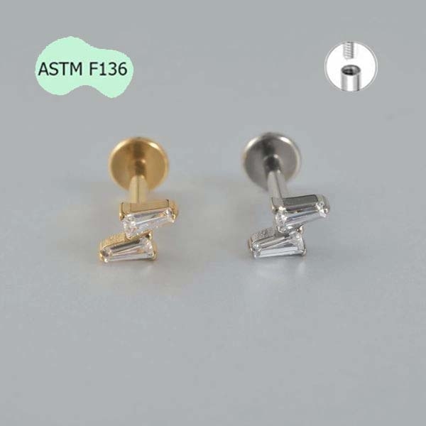 Bông tai 2 thanh đính đá - Chất liệu Titanium - 1.2*8mm