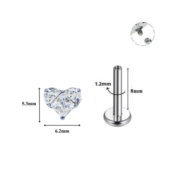 Khuyên tai Titan trái tim pha lê trắng - 1.2*8mm