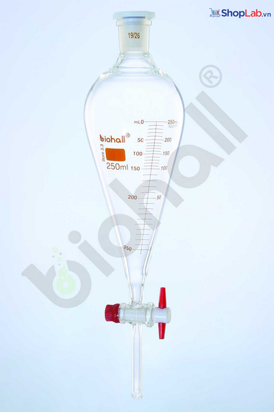 Bình lắng quả lê có chia vạch, khóa PTFE 100ml Biohall
