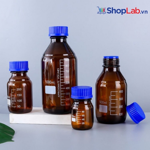Chai thủy tinh nâu ECO nắp xanh GL45, vạch chia trắng 250ml Onelab