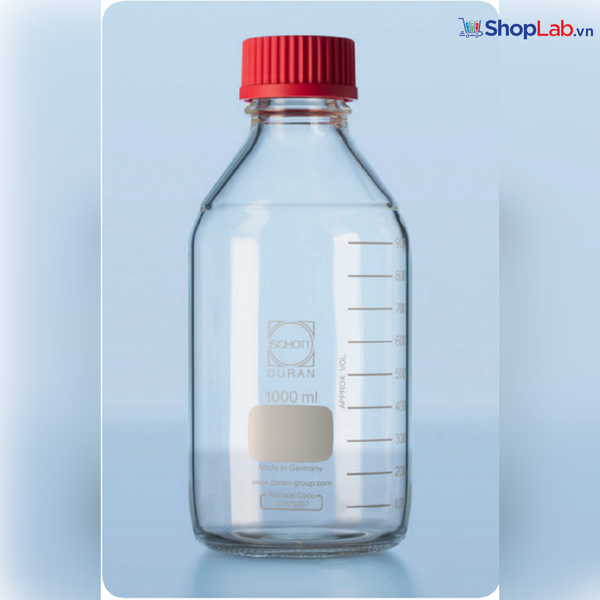 Chai trung tính, GL 45, 500mL, nắp đỏ, vòng đệm đỏ Duran