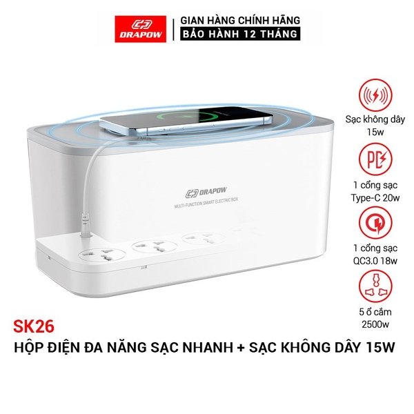 Ổ điện cao cấp Drapow SK26 5 ổ cắm 2500W, 1 cổng sạc Type C 20W, 1 cổng sạc QC 18W, 1 cổng USB-A 12W + sạc không dây