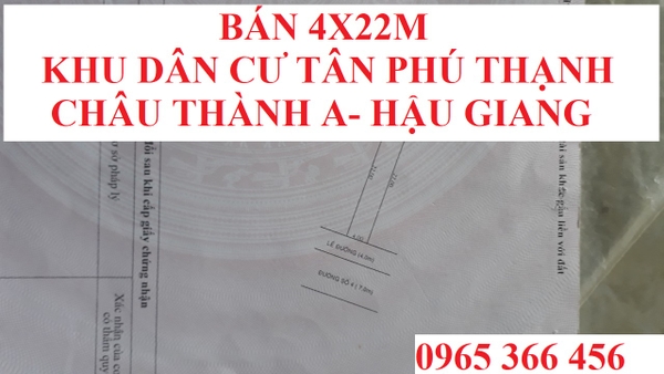 Bán đất nền xã Tân Phú Thạnh, huyện Châu Thành A, Hậu Giang diện tích 4x22m thổ cư