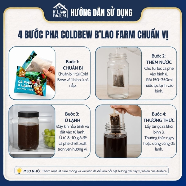 Cà phê ủ lạnh Cold Brew B'Lao Farm 100% Arabica Cầu Đất - Túi lọc tiện lợi, chua thanh, đắng nhẹ, thơm, ngọt hậu