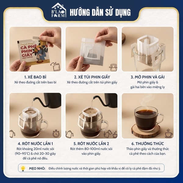 Cà phê phin giấy Robusta Honey B'Lao Farm - Đắng dịu, thơm nồng, ngọt hậu, dễ mang đi du lịch và pha tại văn phòng