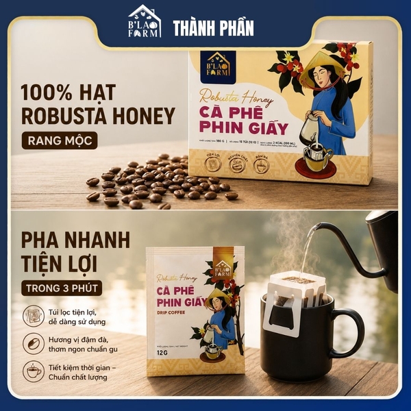 Cà phê phin giấy Robusta Honey B'Lao Farm - Đắng dịu, thơm nồng, ngọt hậu, dễ mang đi du lịch và pha tại văn phòng