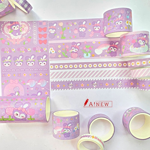 Set 6 Cuộn Băng Dính Washi Tape Thỏ Tím Đeo Nơ / Băng keo giấy Nhật Bản / GB 21027-2020 / Mã số 920911