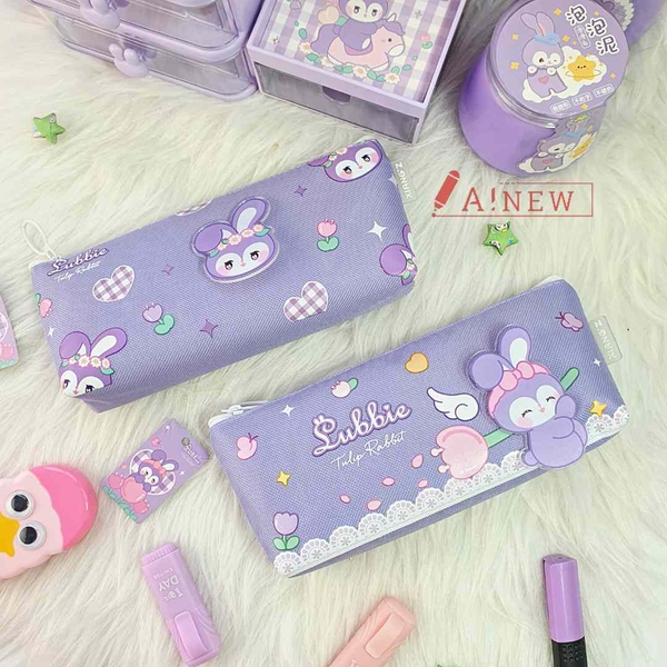 Bóp bút đựng viết Lubbie Thỏ tím đeo nơ kèm khuy cài hình dễ thương - Túi vải canvas đựng bút tiện lợi - Mã 916549
