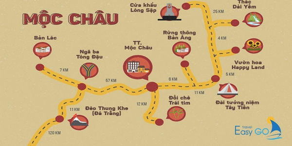 Bản đồ du lịch Mộc Châu theo tuyến đường