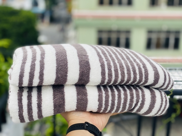 Chăn khăn bông xuất Nhật dư, sọc nâu 15*18cm