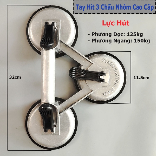 Tay hít kính 3 chấu nhôm cao cấp chịu tải 150kg dùng nâng kính và gạch men
