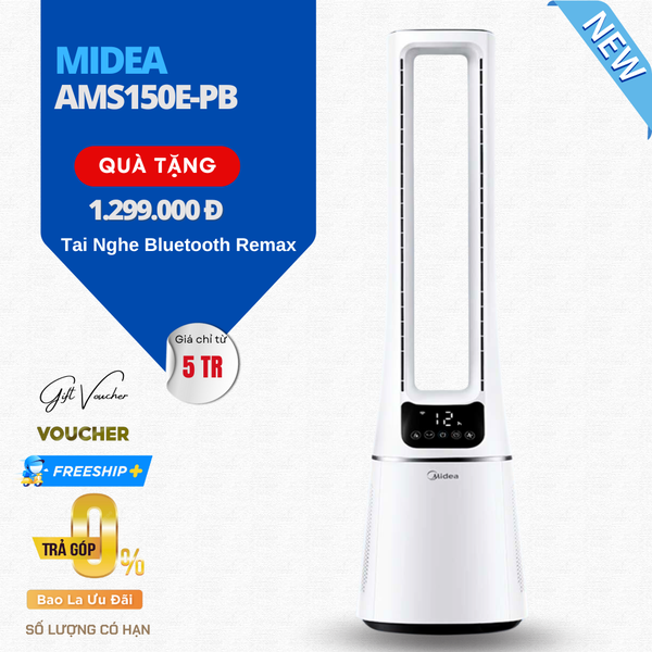 Quạt Không Cánh Midea AMS150E-PB Gồm 12 Cấp Độ Gió, Lọc Ion Khử Trùng SPI Và Làm Sạch Không Khí , Góc Quay 60 Độ - Hàng Chính Hãng