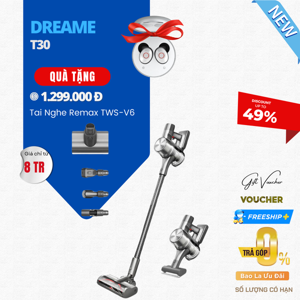 Máy Hút Bụi Không Dây Dreame T30 Pin Rời Thuận Tiện Sạc Điện Thời Gian Làm Việc 90 Phút, Công Suất Cao 550W Lực Hút 27KPa - Hàng Chính Hãng