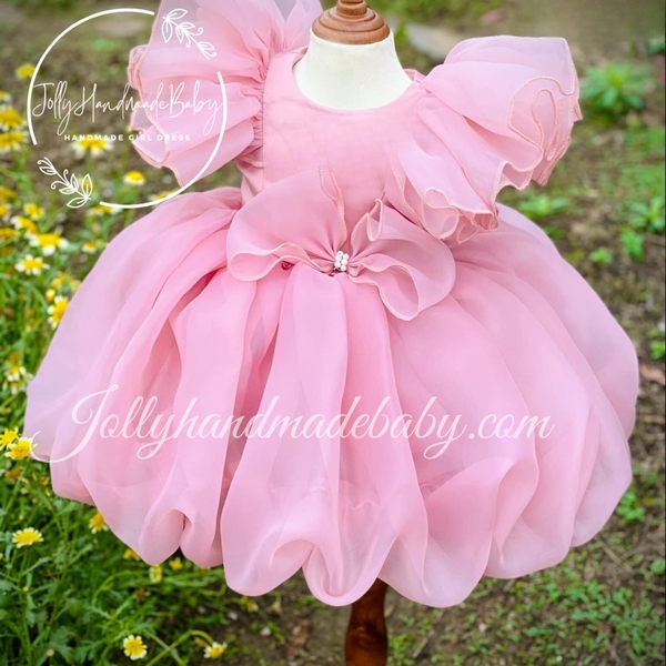 cap-sleeve-pleated-dress-with-puffball-in-pink-organza-round-neck-midi-dress-for