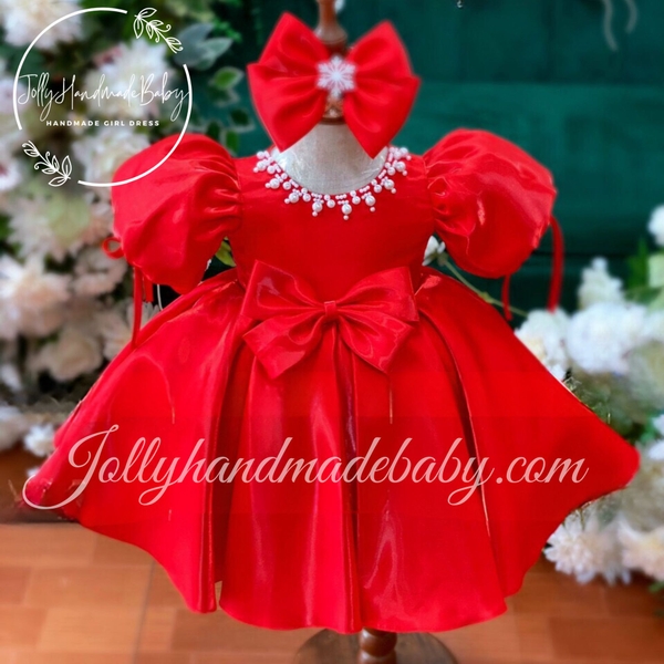 short-sleeve-with-beaded-round-neck-dress-in-red-satin-midi-dress-for-baby-girls