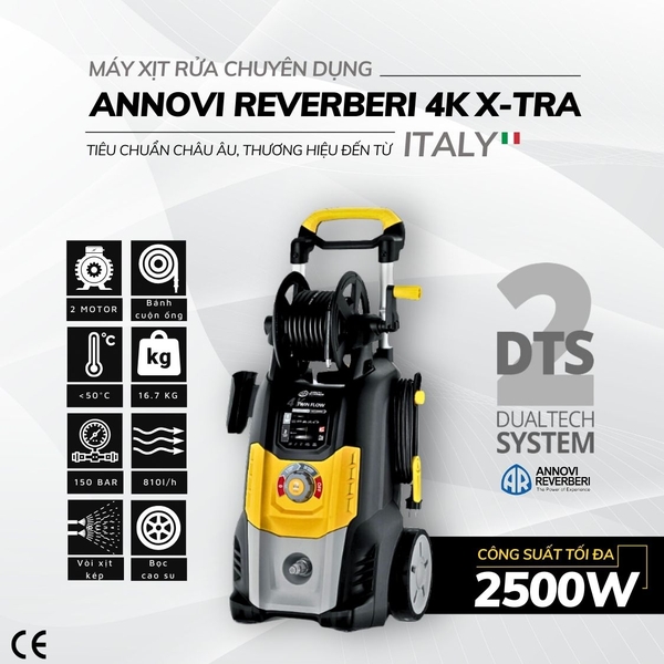 Máy xịt rửa chuyên dụng Annovi Reverberi 4K TWIN FLOW – motor kép, áp lực cao 150bar, 2500W