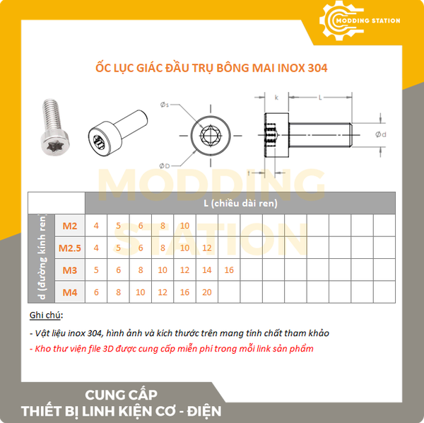 Ốc Lục giác đầu trụ bông mai inox 304 size M3x4 | Modding Station