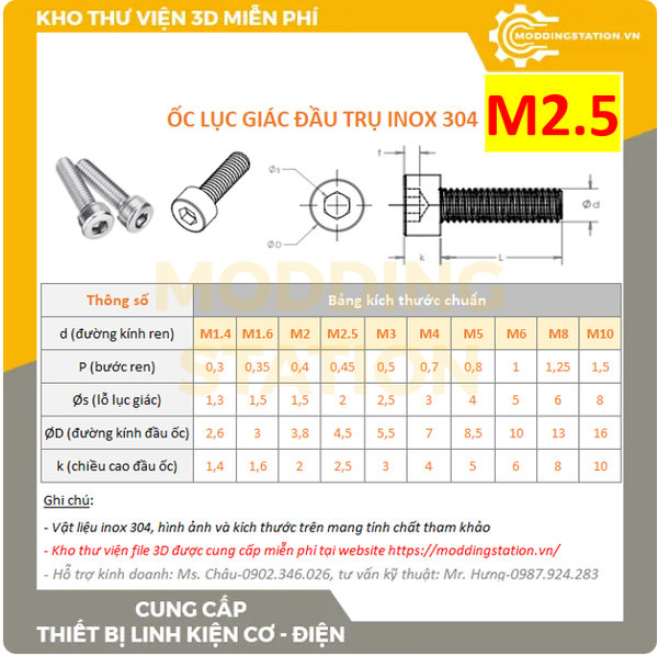 Ốc Lục giác đầu trụ inox 304 size M2.5x16 | Modding Station