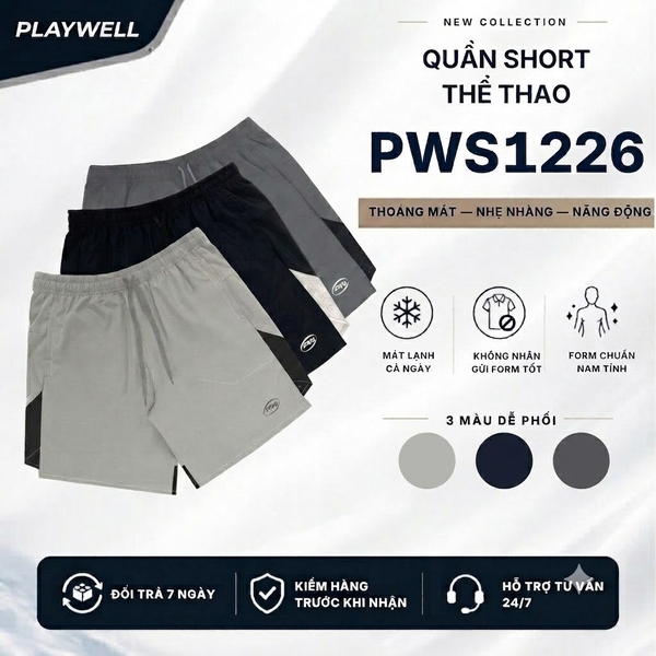Quần Short thể thao nam MultiPocket Zip PWS1226 túi khóa kéo, thoải mái vận động, gym, chạy bộ