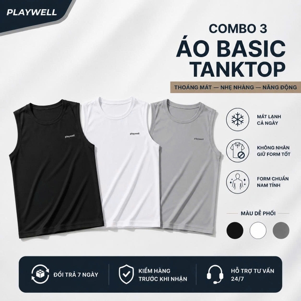 Combo 3 Áo Ba Lỗ Nam Basic Playwell TA0526 | Thoáng Mát - Form Regular - Dễ Phối Đồ