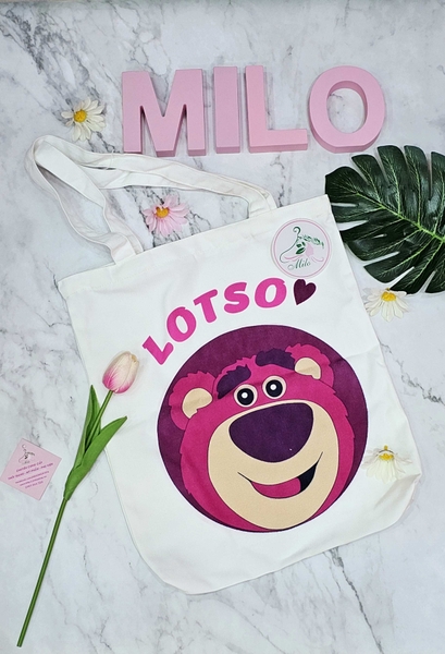 Túi tote Canvas gấu dâu Lotso cao cấp (có khóa kéo)