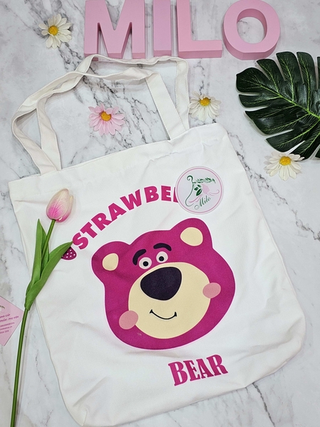 Túi tote Canvas gấu dâu Lotso cao cấp (có khóa kéo)