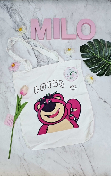 Túi tote Canvas gấu dâu Lotso cao cấp (có khóa kéo)