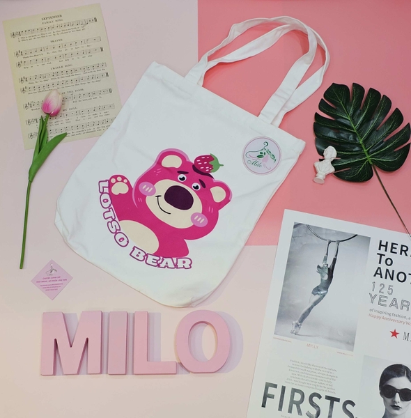 Túi tote Canvas gấu dâu Lotso cao cấp (có khóa kéo)