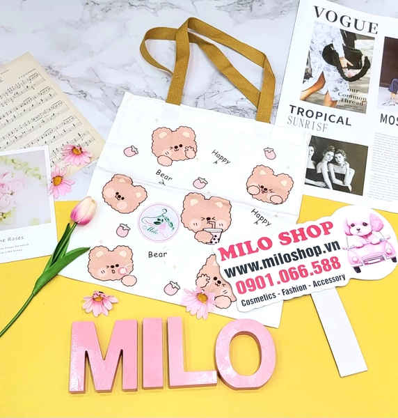 Túi tote Quảng Châu hình gấu họa tiết chữ happy bear