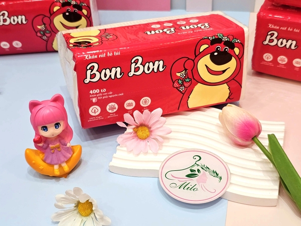 Khăn giấy khô gấu dâu Lotso Bon Bon cao cấp (dạng rút) - 400 tờ
