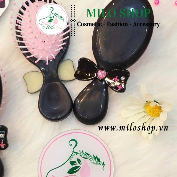 Lược chải tóc gỡ rối đính nơ màu đen hồng cute