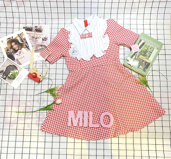 Đầm caro cổ sơ mi dập ly đính nơ