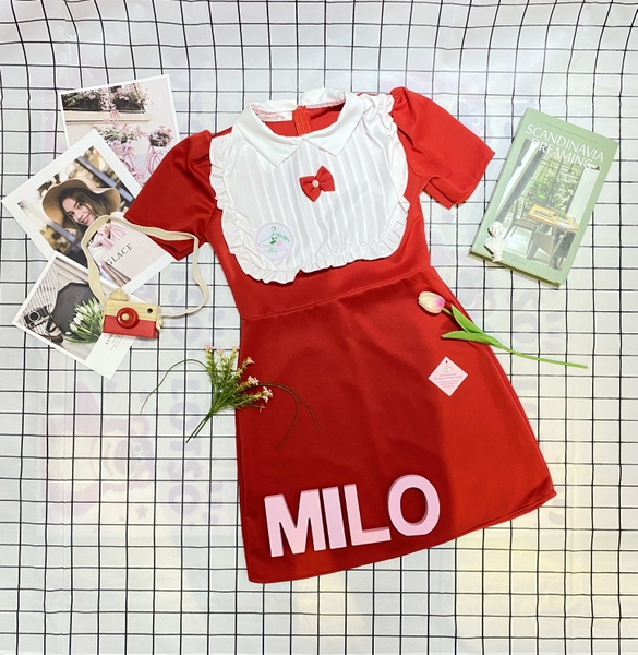 Đầm umi cổ bèo dập ly đính nơ form ngắn (màu đỏ)