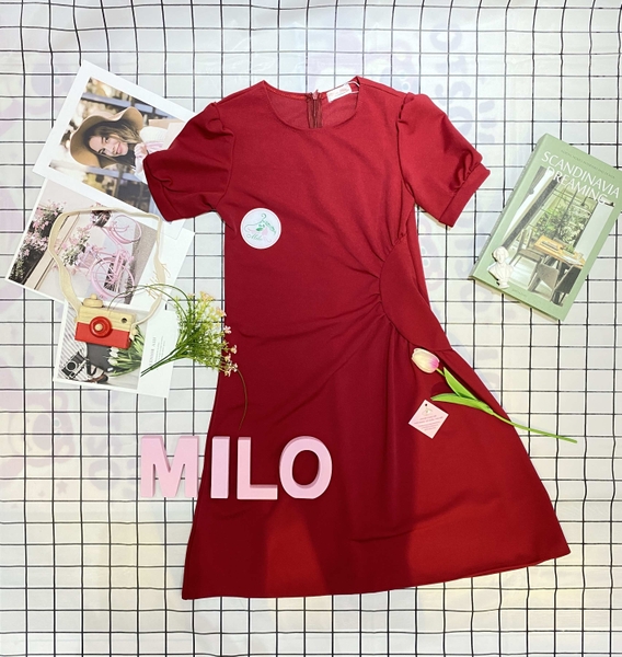 Đầm body tay bo xoắn eo - màu đỏ