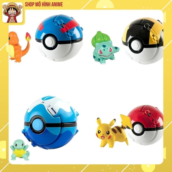 Combo 4 Quả Cầu Tự Động Ném Thú, Pikachu, Hitokage, Fushigidane, Zenigame, Đồ Chơi, Bộ Sưu Tập Nhân Vật Cho Bé
