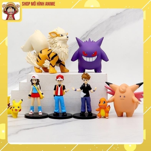 Bộ 8 Mô Hình Nhân Vật Pokemon, Pikachu, Gengar, Hitokage Và Các Huấn Luyện Viên Cao 8cm, Mô Hình Decor Trang Trí