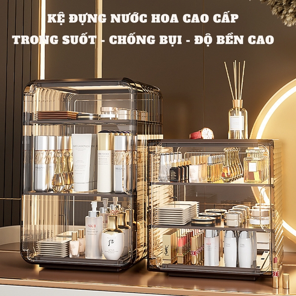 Kệ Đựng Mỹ Phẩm, Nước Hoa, Tủ Bảo Quản Đồ Trang Điểm Chống Bụi, Chống Nước, Trong Suốt Sang Trọng