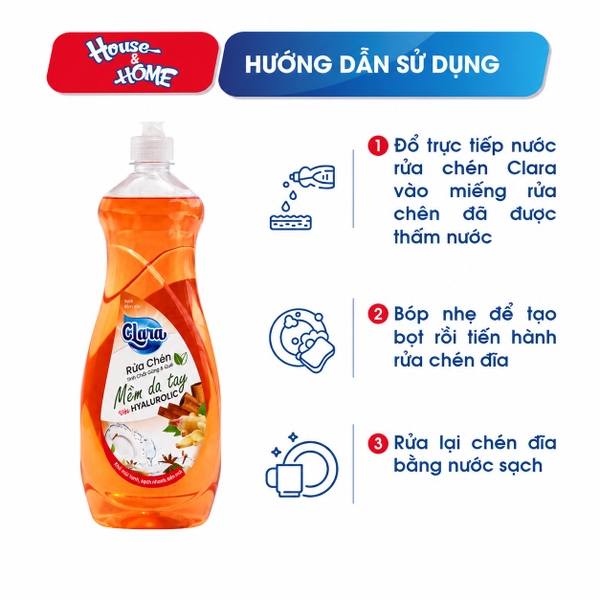 Các bước sử dụng nước rửa chén Clara hương gừng quế đúng cách