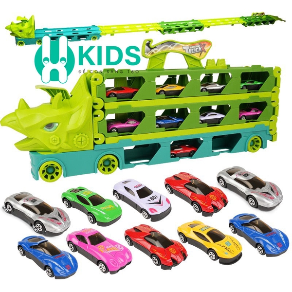 Xe tải container vận chuyển khủng long cỡ lớn biến hình đường ray ô tô siêu tốc dài 2m1 kèm nhiều ô  - ảnh 1